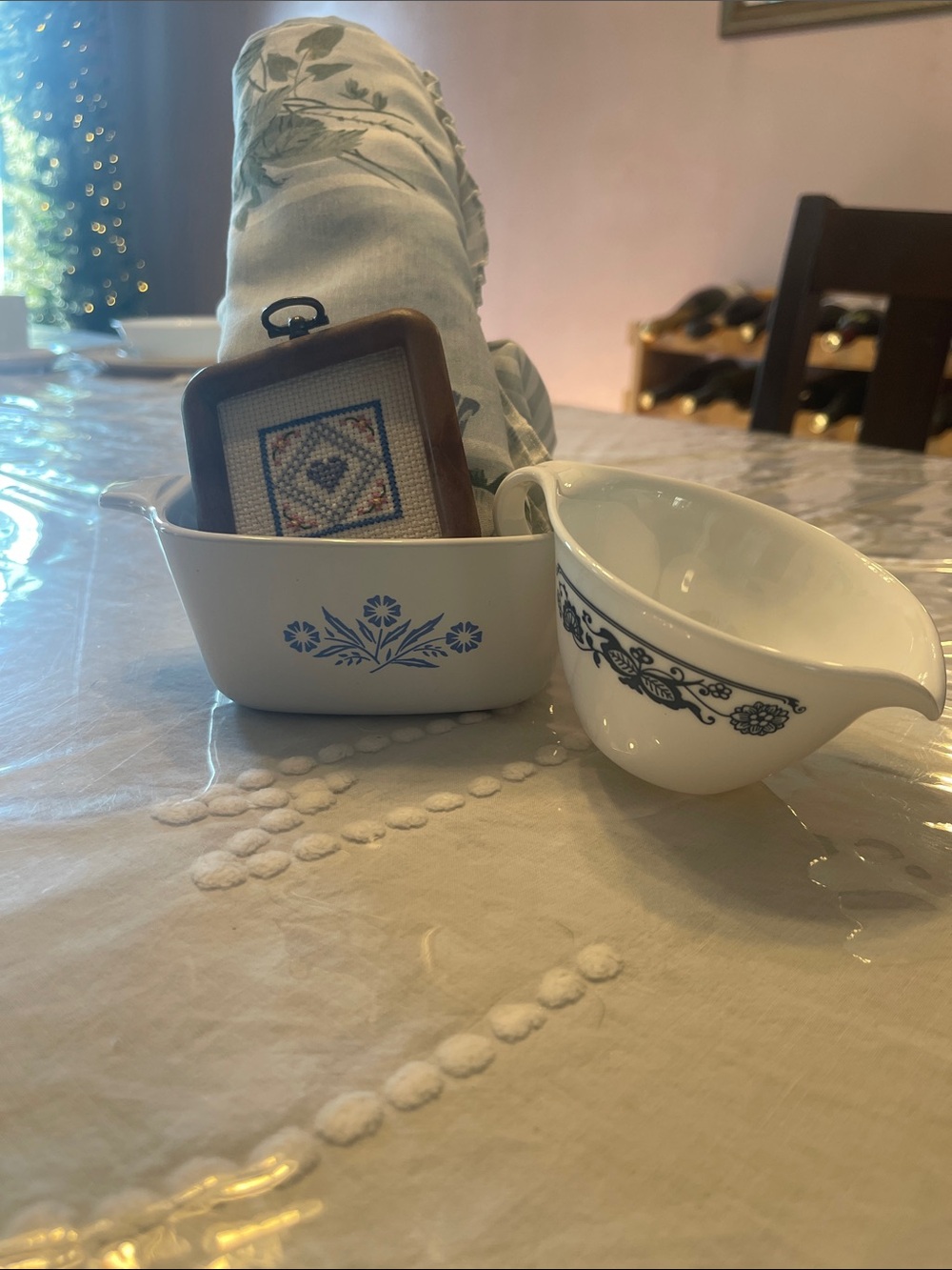 Vintage  Corelle White and Blue Floral Gravy Boat & Casserole Set